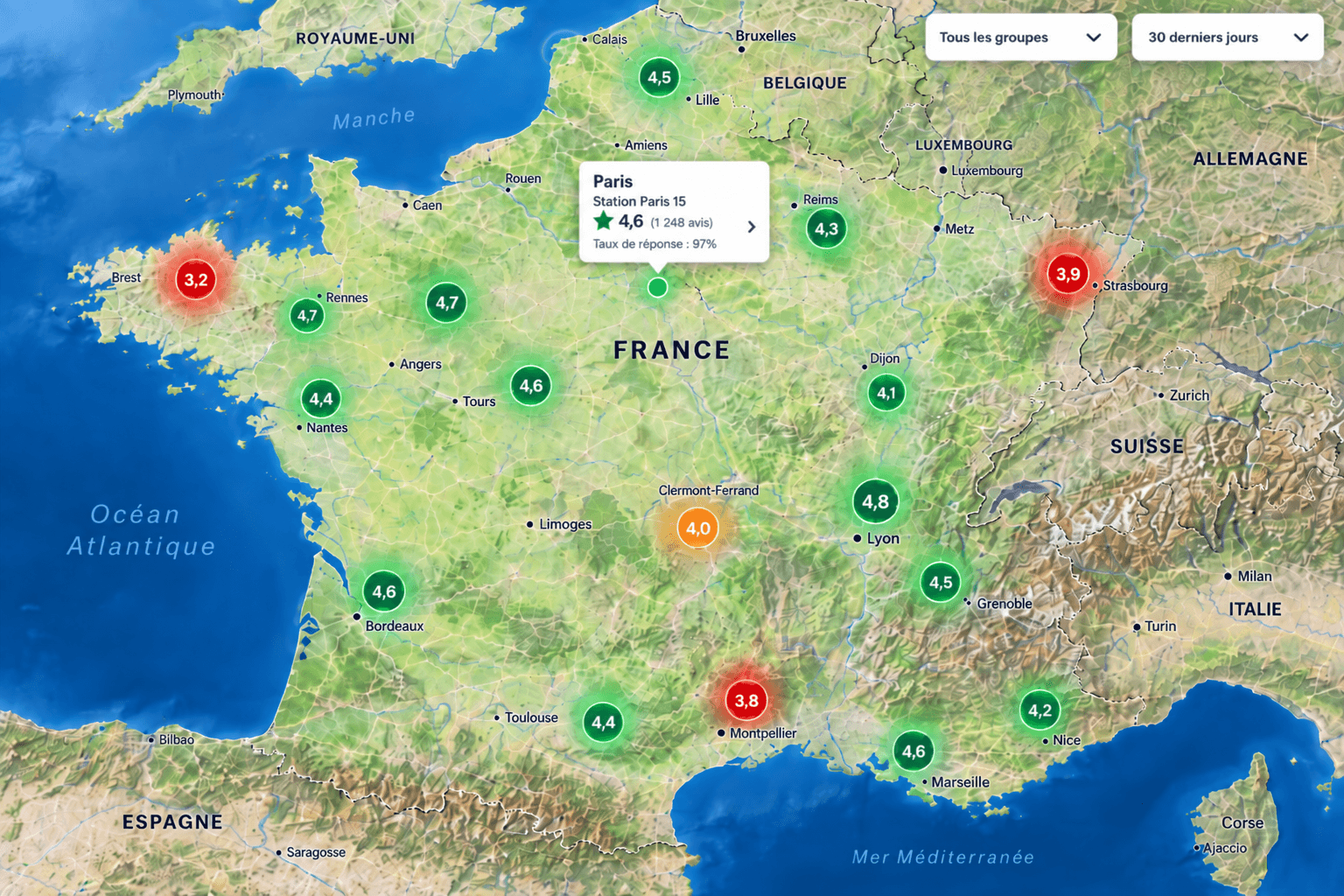 Cartographie du réseau : note moyenne de chaque établissement en France